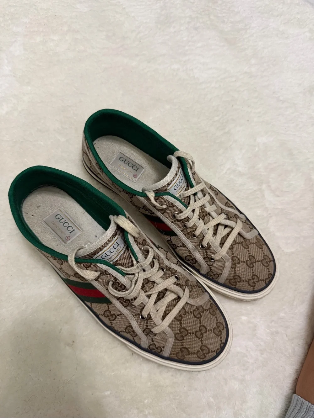 Gucci Beige Brown GG Canvas Sneakers with Green & Red Stripe